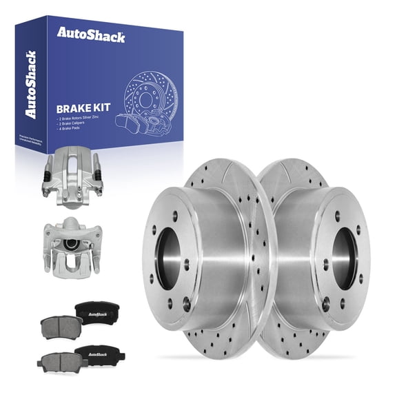 AutoShack Rear Brake Rotors, Premium Pads & Calipers for Mitsubishi, Lancer 2013-2015, FWD L4 2.4L - Silver Zinc Coated Drilled & Slotted - SilverShield Pro - 10.31" (261.8 mm), 5-Lug