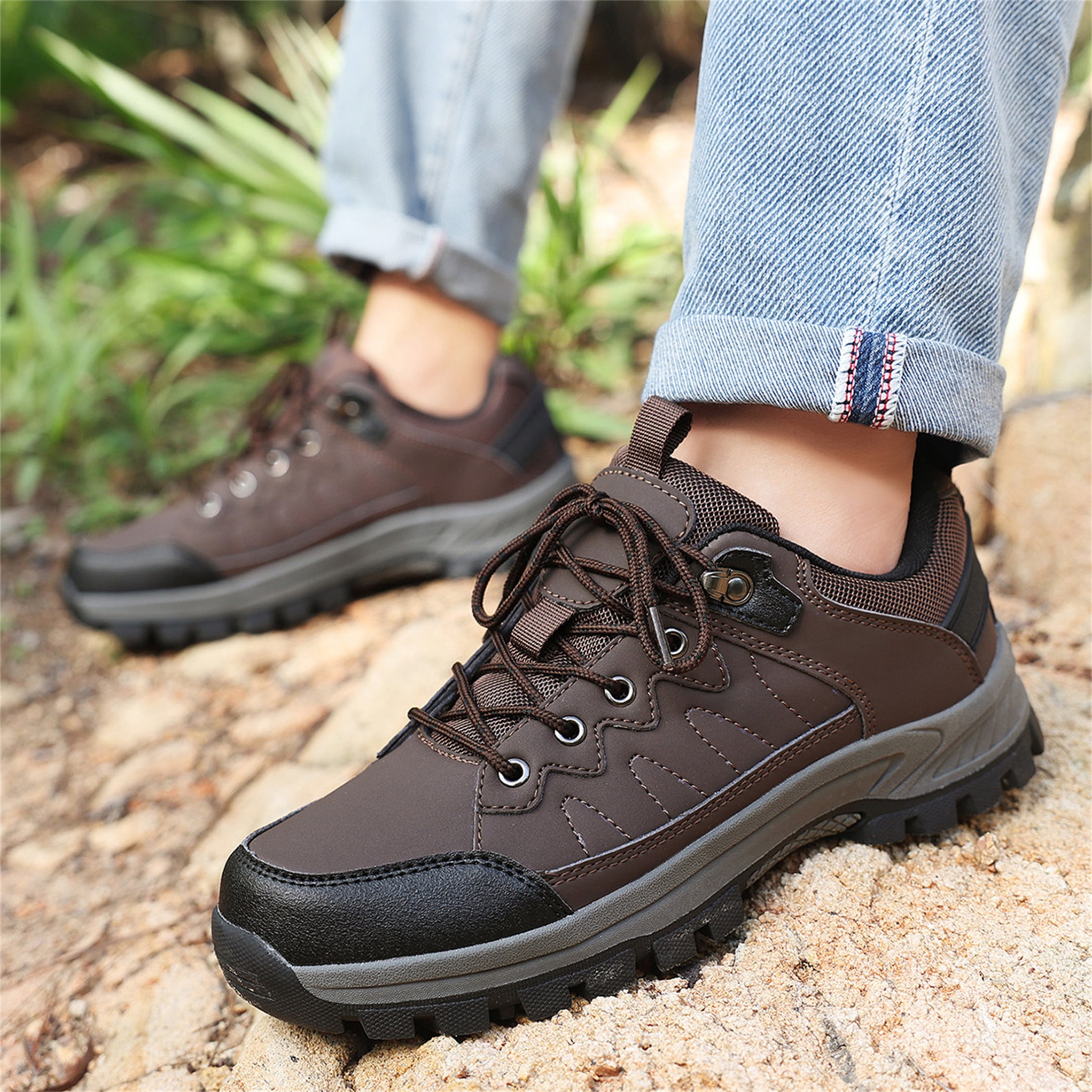 LASUDRAA Mens Waterproof Low-Top Hiking Shoes Comfortable Lightweight Anti-Slip Outdoor Walking Sneakers