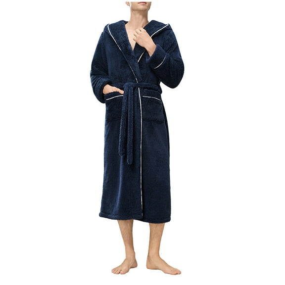 ShomPort Mens Casual Fleece Pajamas Long Sleeve Ankle Length Thick Robes with Hooded Comfort Fall Winter Soft Open Front Sleepwear
