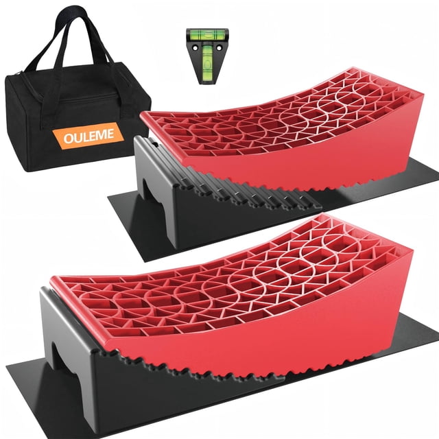 OULEME RV Leveling Blocks, Camper Leveler System 2 Packs for Dual Axle Tandem Wheel Travel Trailer, Include 2 Curved Leveler Ramp, 2 Chock,