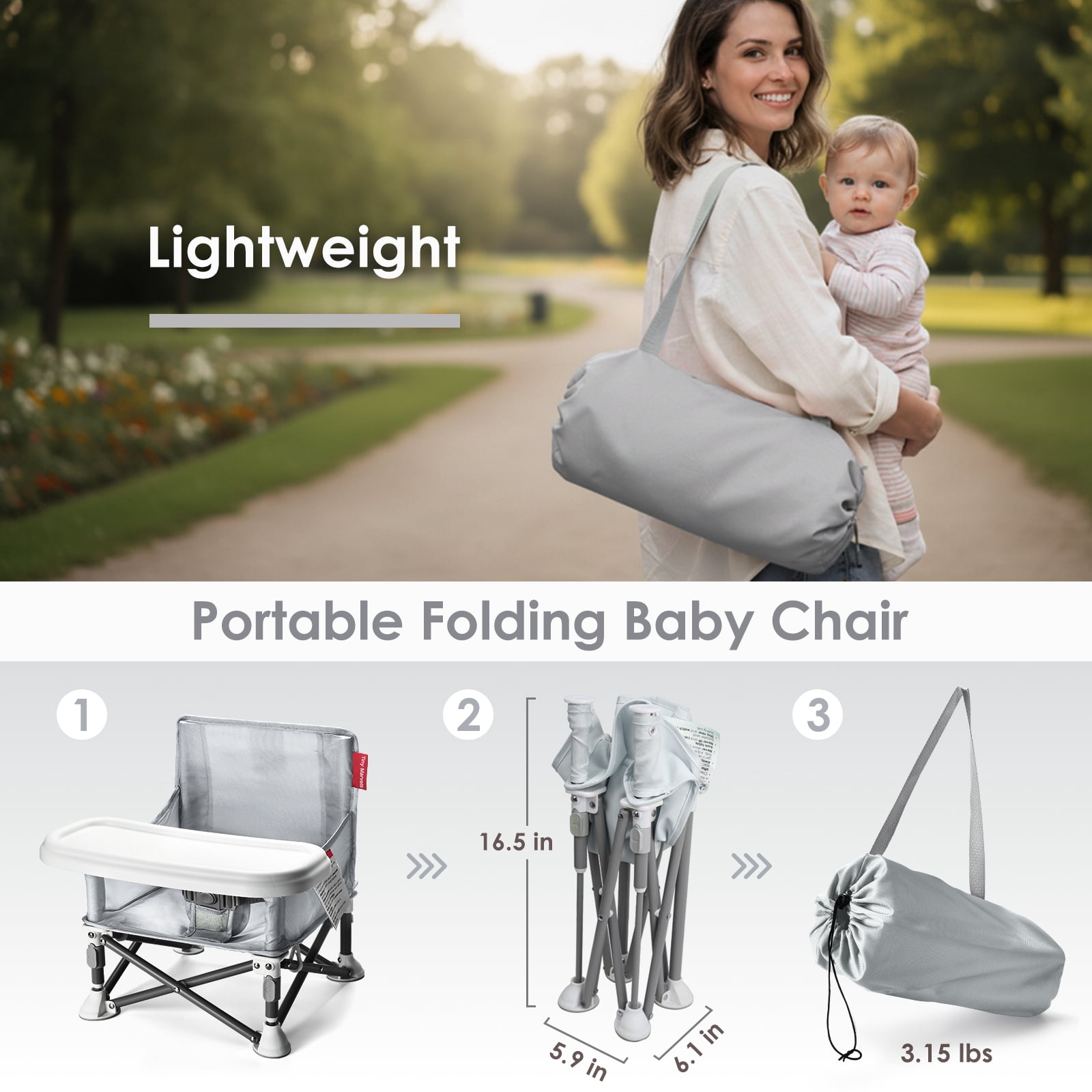 Tiny Marvels Portable Booster Seat, 3-in-1 Portable Baby High Chair with Tray, Safety Harness & Carry Bag, for Toddlers Ages 6M-3Y, Baby Chair for Travel, Camping & Home