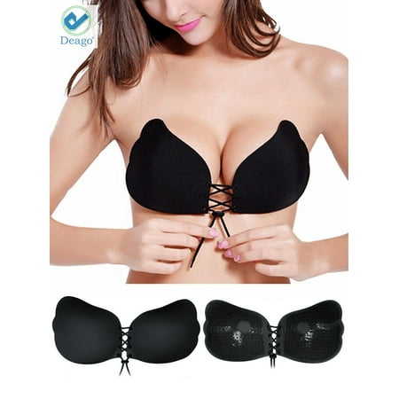 Deago Women  s Strapless Invisible Bra Backless Self-Adhesive Push Up With Drawstring Sticky Bras  Cup D  Black