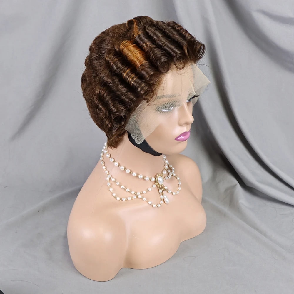 Brown Pixie Cut Wig Short Bob Curly Human Hair Wigs Cheap 13X4 Transparent Lace Dark Brown Water Deep Wave Lace Front Wig for Women