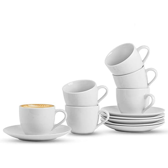 GOURMEX 6oz Ceramic White Cappuccino Cups and Saucers | Coffee Sets for Serving Hot Tea, Latte | 6 Piece Set Espresso Cups and Saucer Set | Microwave Dishwasher Safe (6 Oz)