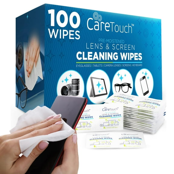 Care Touch Lens Wipes for Eyeglasses - 100 Individually Wrapped Pre-Moistened Glasses Wipes - Cleaner for Glasses, Sunglasses, and Screens - Gentle and Portable for On-the-Go Cleaning - 4x8 Inches
