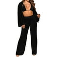 thumbnail image 3 of VISgogo Conjunto de Ropa de 3 Piezas para Mujer, Blusa de Color Sólido de Manga Larga con Cuello de Solapa + Sujetador + Pantalones de Pierna Ancha VISgogo moda, 3 of 9