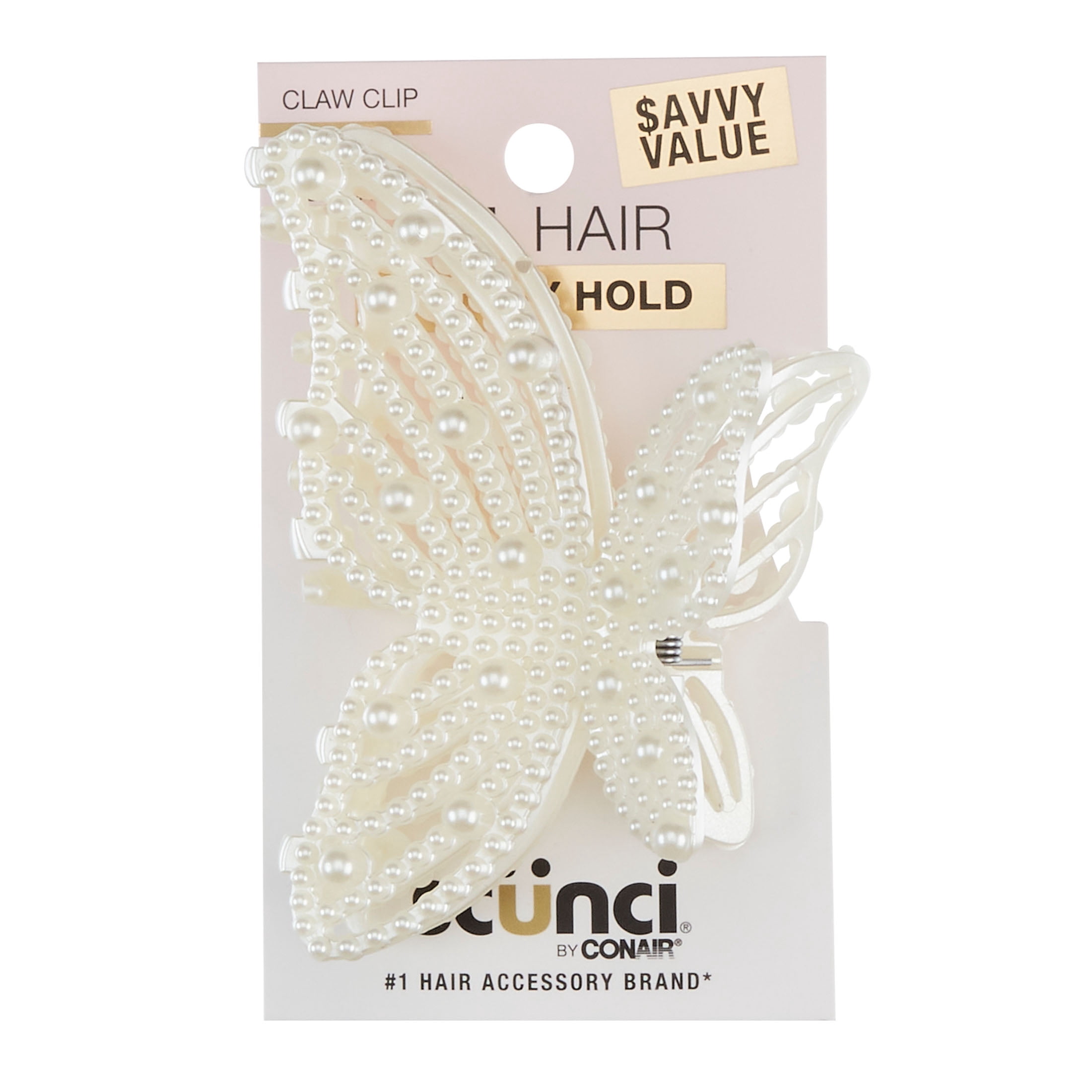 (3 pack) Scunci Faux Pearl Butterfly Claw Clip, Pearl, 1 Count