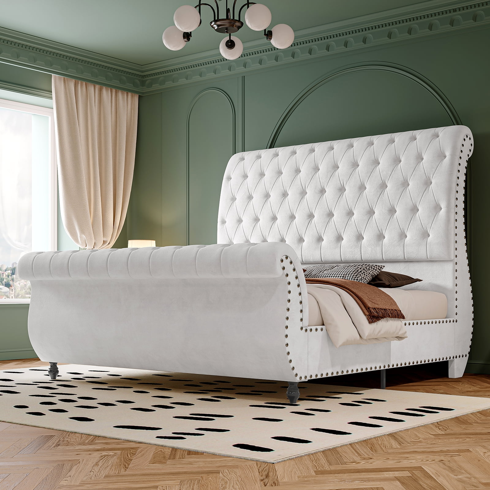 Merluxy Queen Size Bed Frame, Velvet Upholstered Platform Sleigh Bed With Scroll Headboard & Footboard, Button Tufted, No Box Spring Needed,White