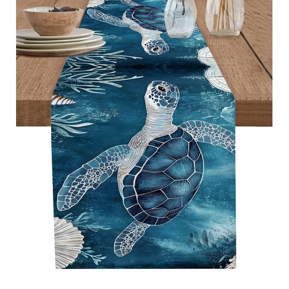 Coastal Blue Sea Turtle Table Runner Cotton Linen 108 Inch Holiday Dresser Scarves, Summer Nautical Ocean Shell Tablerunner for Kitchen Coffee Dining Bedroom Dinner Scarf Décor 13''x108''