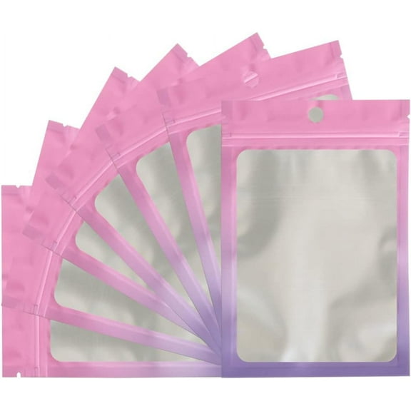 50-pack Mylar Bags Resealable Bags for Small Business with front Window Smell Proof Bag Clear Bags for Packaging bracelet candy gummies Gradient Color (5.9x8.7 inches,Pink-violet gradient)