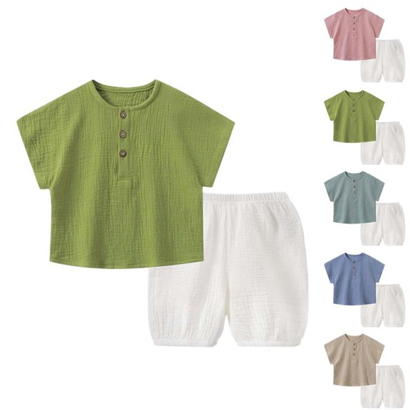 Bxsruta Toddler Kids Cotton Short Sleeve Henley Shirt and Shorts Set Casual Summer Outfit