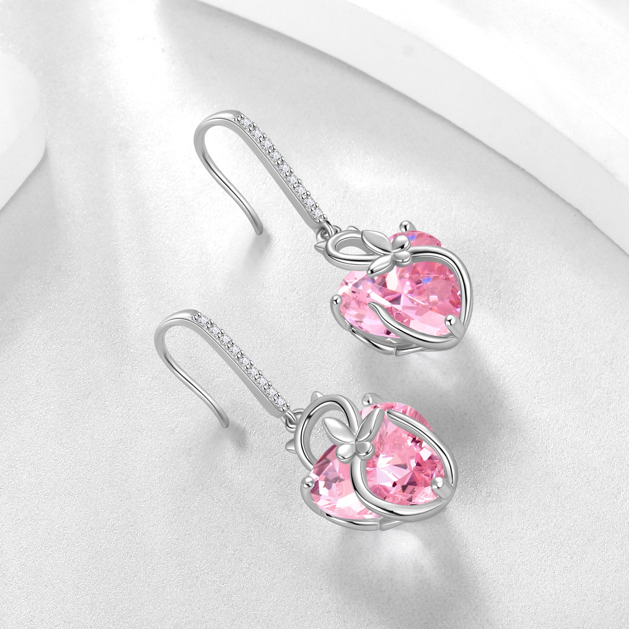 Juwaliy Cat Butterfly Earrings for Women 925 Sterling Silver Earrings Dangle Hook Pink Heart Tourmaline October Birthstone Jewelry Mother Christmas Valentine's Day Gifts for Wife Girlfriend