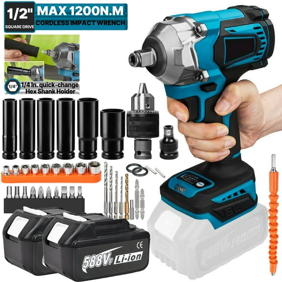 iMeshbean 21V Cordless Impact Wrench 1/2" 1200Nm High Torque Brushless Drill w/ 2 Battery
