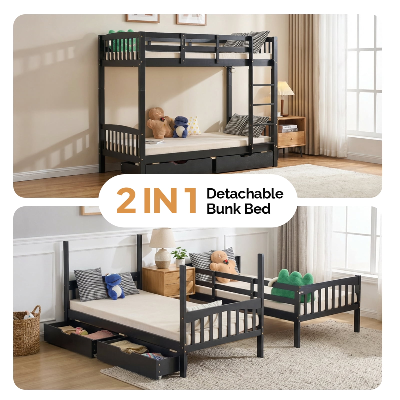 Ktaxon Solid Wood Twin-over-Twin Bunk Bed, Bunk Bed Frame with Guardrails & Charging Station, Black