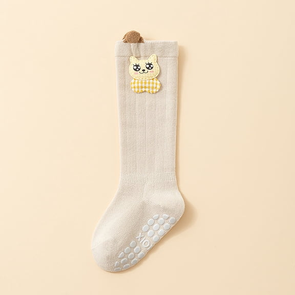 VONCOS Non-Slip Kids & Kids Socks - Knee High Grip Socks with Cute Cat Design, Cotton Beige, Unisex 0-36 Months,Size S