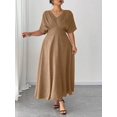 thumbnail image 3 of Plus Size Khaki V-Neck Short Sleeve Casual Midi Dress, 3 of 6