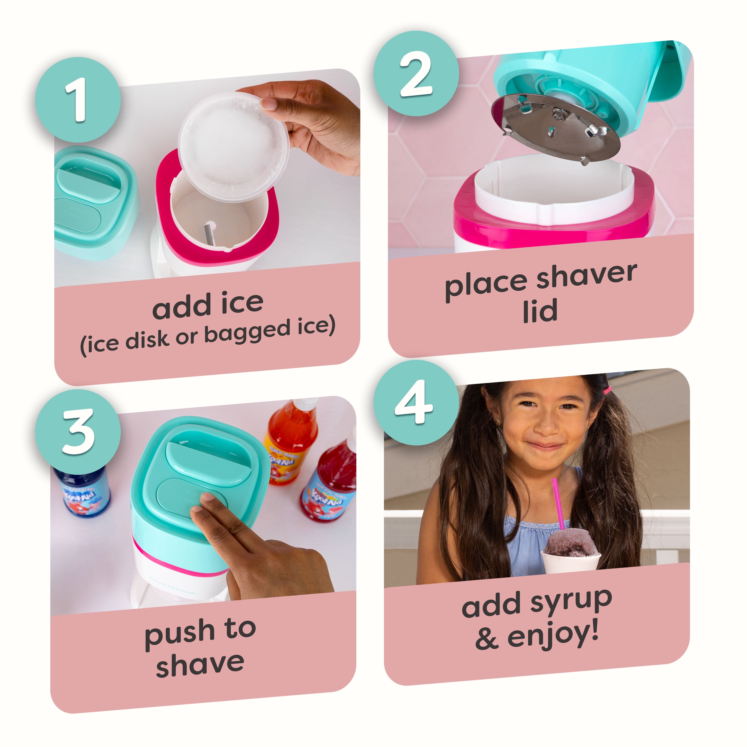Nostalgia Electric 80 Watt Ice Shaver with Ice Mold & Reusable Cone, Teal & White
