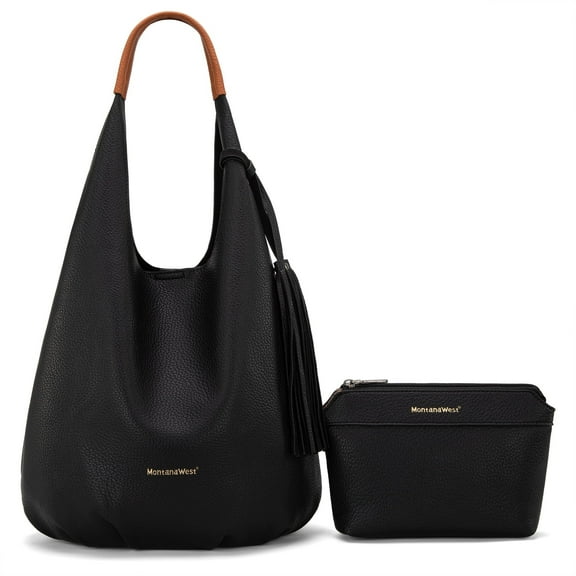 Montana West Slouchy Hobo Bags for Women 2PCS Tassels Handbags Shoulder Bag Set with Comestic Bag, Black