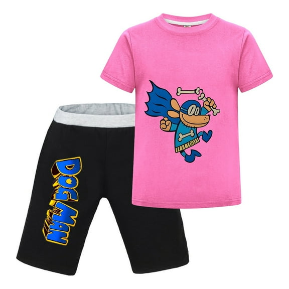 Dog Man Mask & Bones Costume Kids Outfit Set – Boys Girls Short-Sleeve Graphic T-Shirt and Shorts 2-Piece Cartoon Clothing for Summer Play, Sleepwear, or Casual Wear