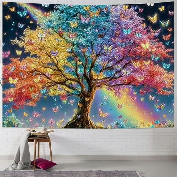 BCIIG Tree Butterflies Rainbow Tapestry Wall Hanging Home Decor 40x30inch