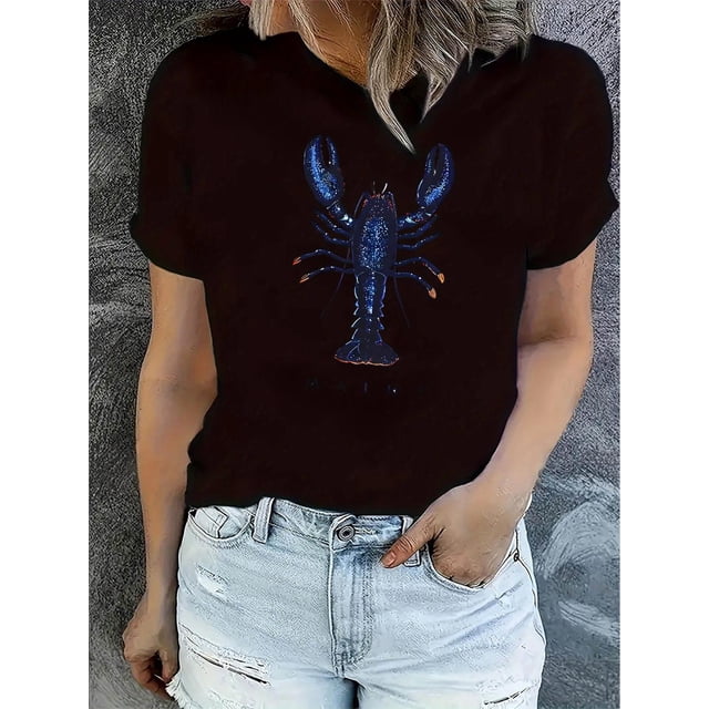 Women's Stylish Lobster Graphic Print Short Sleeve T-Shirt - Soft Polyester Blend, Casual Summer Top with Vibrant Blue & Orange Lobster Design, Comfortable Round Neck Tee for Casual Attire, Casual At