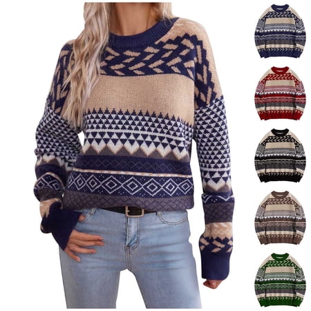 THDHVS Sweaters for Women Womens Sweaters Crew Neck Long Sleeve Sweater for Women Casual Fall Winter Tops Tunic Knit Fashion Clothes Black M