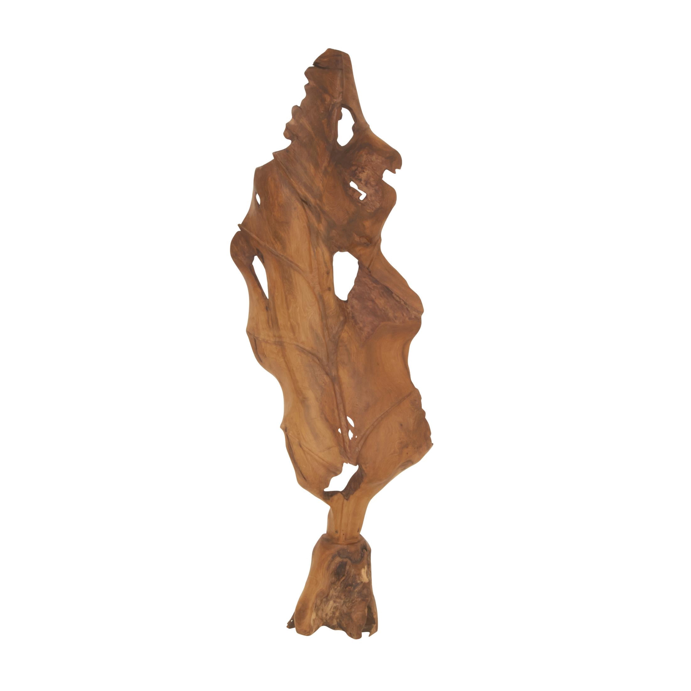 19" x 62" Brown Teak Wood Handmade Live Edge Leaf Sculpture, by DecMode