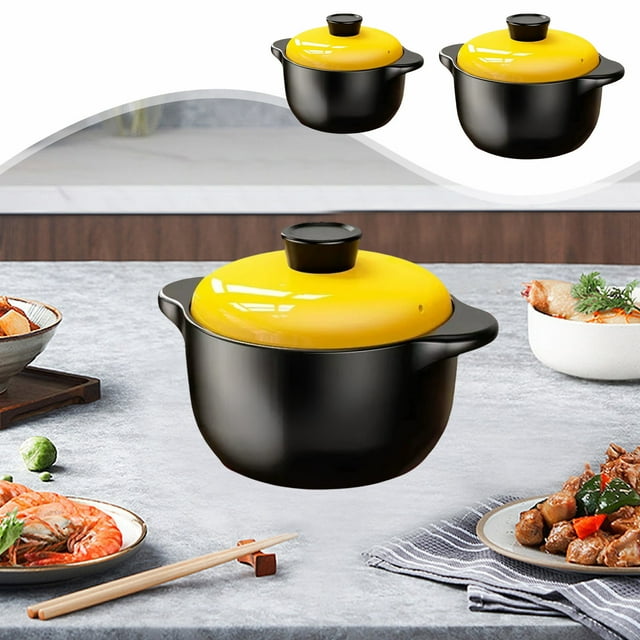 Xihbxyly Cacerola Amarilla de Cerámica Cocida a Alta Temperatura, Antiadherente y Resistente a Las Grietas, Ideal para Sopas y Arroz, Ideal para Cocinar En Casa, Picnics o Viajes. Medidas: 18 X 9 Cm