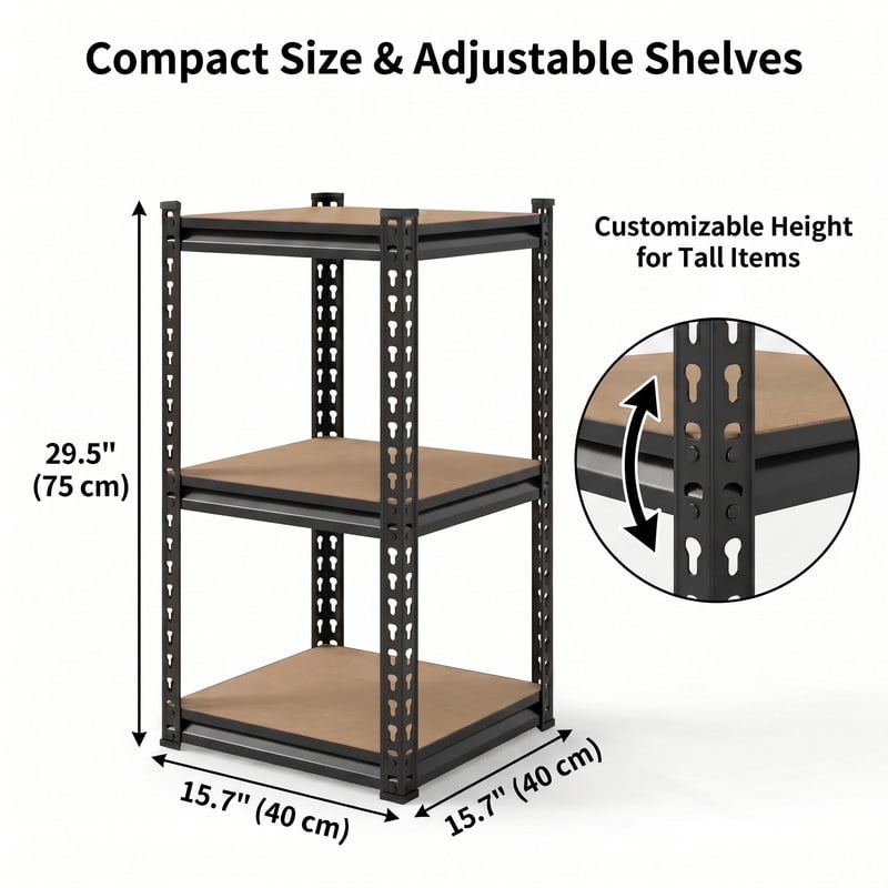 3-Tier Heavy Duty Storage Shelf, Adjustable Metal Shelving Unit with MDF Board, Boltless Tool-Free Assembly Utility Rack for Kitchen, Pantry, Small Spaces, 450 LBS Capacity, Black