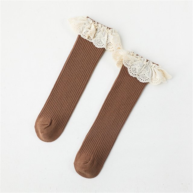 Ohufall Children's Solid Color Socks With Large Lace And A Middle Tube Baby Girls' Socks