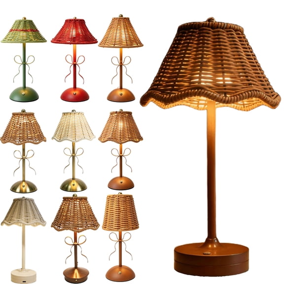 Rattan Table Lamp with Wicker Shade, Cordless Woven LED Lamp, Rechargeable 3 Color Touch Dimmer Bedside Light, Cottagecore Decor for Bedroom Dinner