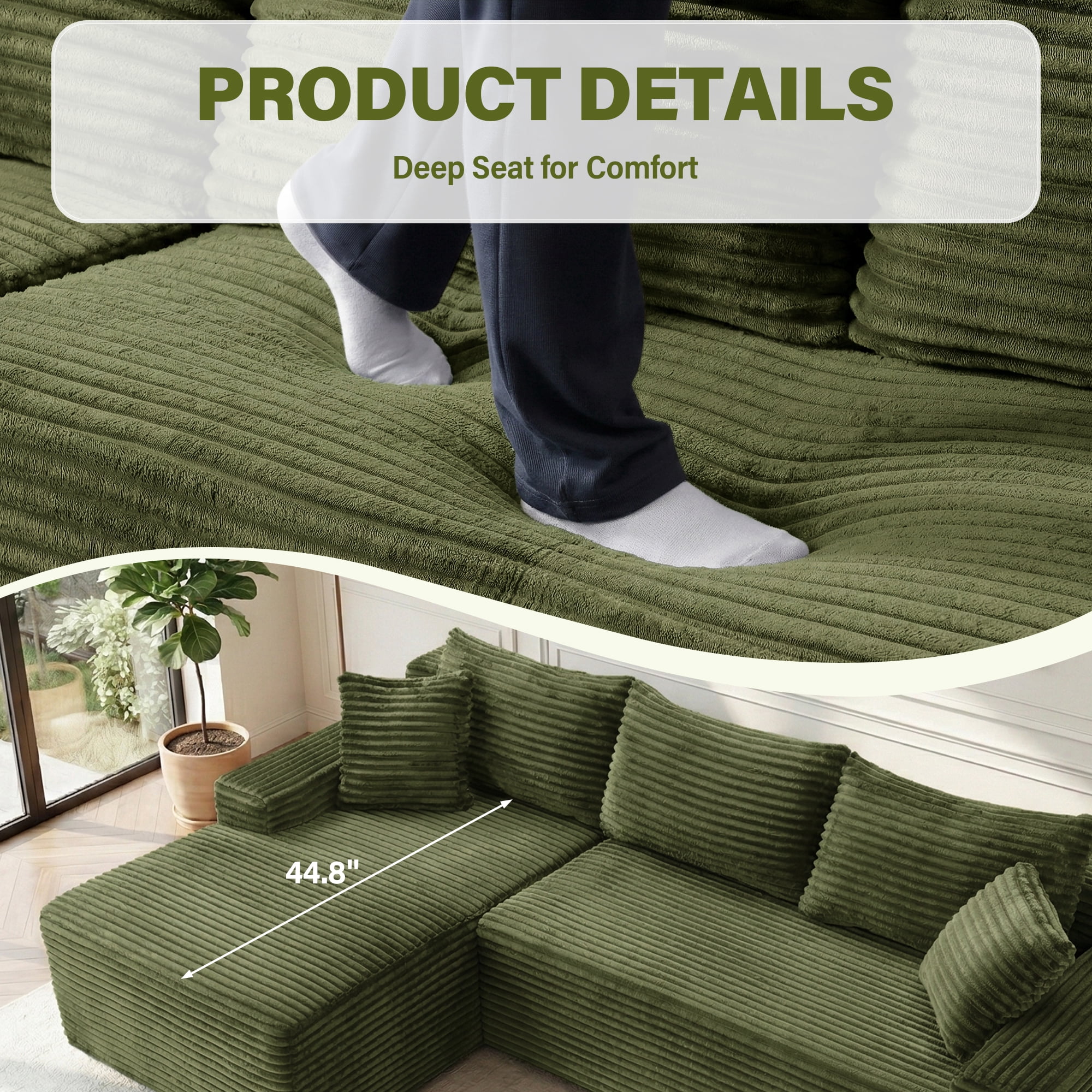 Aukfa 96" L-Shaped Cloud Sectional Sofa, Modular Boneless Couch with Deep Seat&Left-Facing Chaise for Living Room, Corduroy, Green