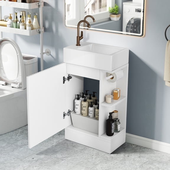 Aukfa 18.6" Bathroom Vanity with Sink Combo, Modern Storage Cabinet with Two-tier Shelves, White