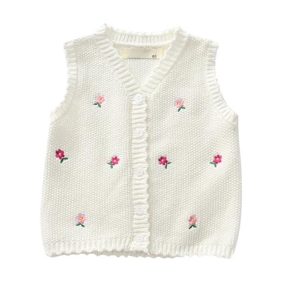 Mercatoo Baby Girls Knit Vest Button Front Knitted Cardigan 𝗙loral Embroidered Sweater Vest Toddler Cute Knit Waistcoat Sleeveless Top