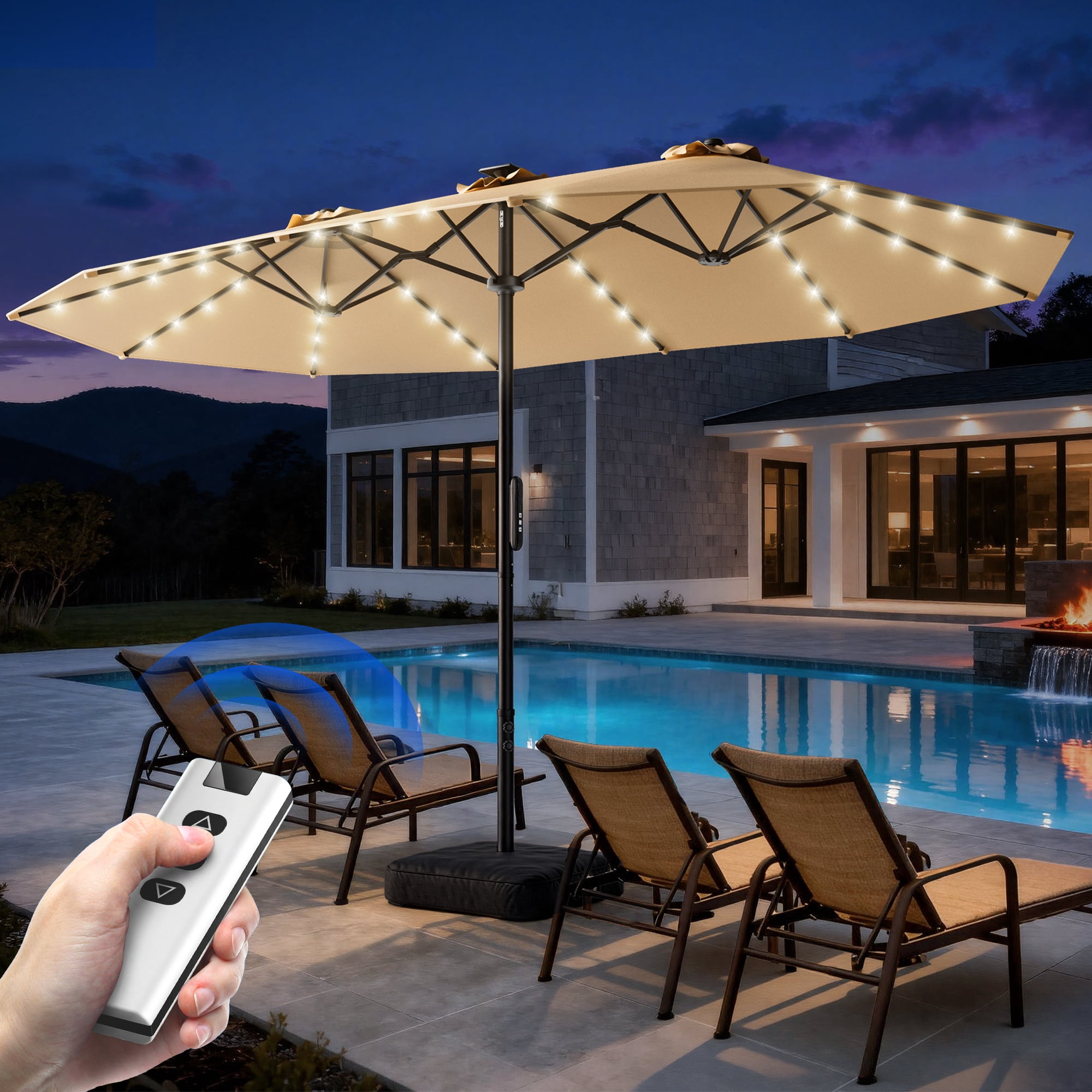 15ft Smart Electric Patio Umbrella, Large Double Sided Rectangular Outdoor Patio Umbrella with Light and Base for Lawn, Garden, Backyard,Beige