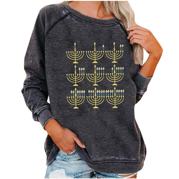 Darzheoy Womens Hanukkah Loose Solid Graphic Fall Winter Printed Long Sleeve Blouse Shirt