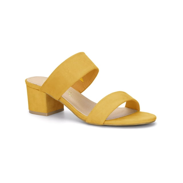 BLISSFUL STEP Women's Shoes Dual Straps Mid Chunky Heel Slide Sandals Yellow 7.5