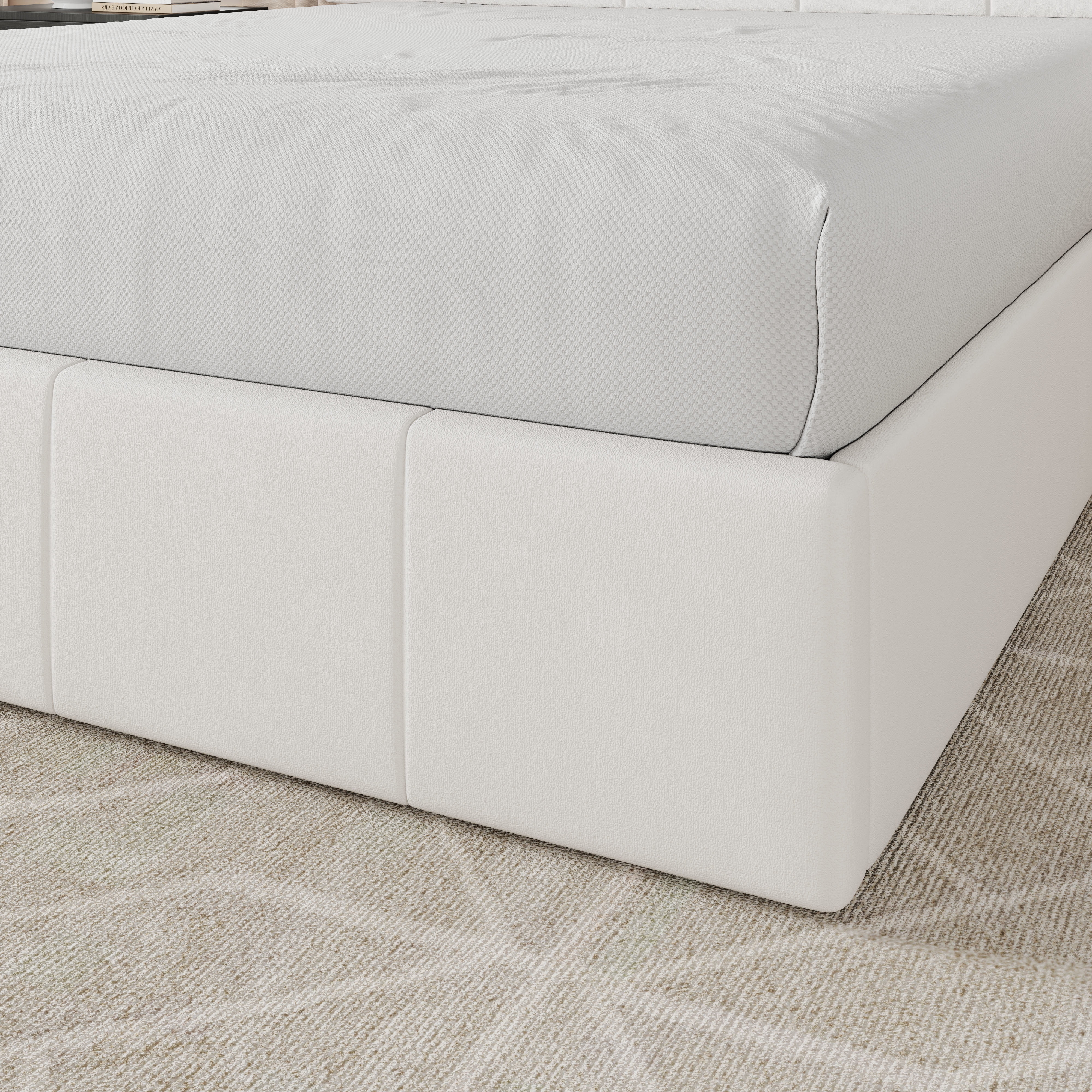 Allewie Queen Size Velvet Lift Up Storage Bed Frame, Vertical Channel Tufted Headboard, Hydrualic Underneath Storage, Upholstered Platform Bed, Wooden Slats Support, No Box Spring Needed, White