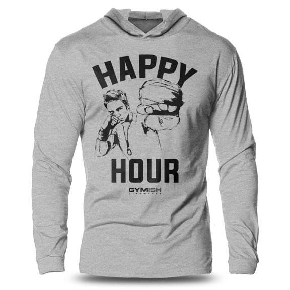 GYMISH Happy Hour Lightweight Long Sleeve Hooded T-Shirt for Men – Athletic Training, Funny Gym Hoodie, Sport Grey, Small