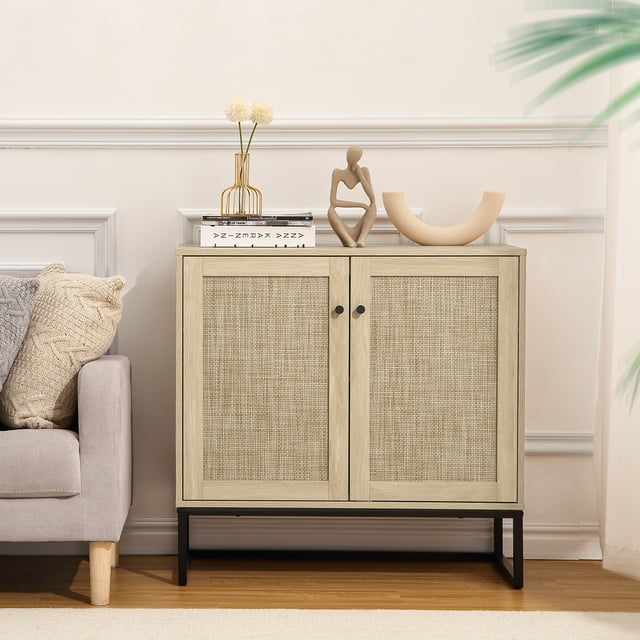 BeesClover Sideboard Buffet Cabinet Rattan Storage Cabinet, Accent Cabinet with Rattan Doors Adjustable Shelves for Living Room Entryway, Kitchen