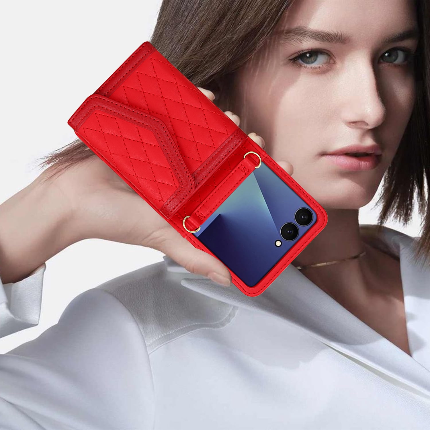 ShellTech for Samsung Galaxy Z Flip 7 PU Leather Flip Case with Wrist Strap, RFID Blocking PU Leather Crossbody Wallet Phone Case with Card Slot Cash Pocket Kickstand Case Cover,Red