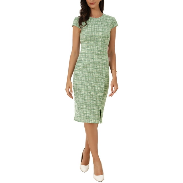 Vestido elegante de tweed para mujer Inspire Chic, con cuello redondo, mangas cortas, estilo vintage, ajustado, midi, talla XL, verde esmeralda