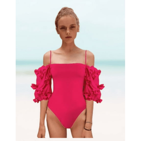 Meloriaswim Pink Lacey Off-Shoulder Sleeves Swimwear, Hot and Sexy Swimsuit for Women