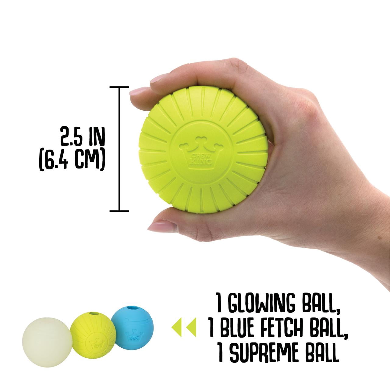 Chew King By Mammoth 2.5" All-Natural Rubber Fetch Ball Combo, Multicolored, 3 Pack Set