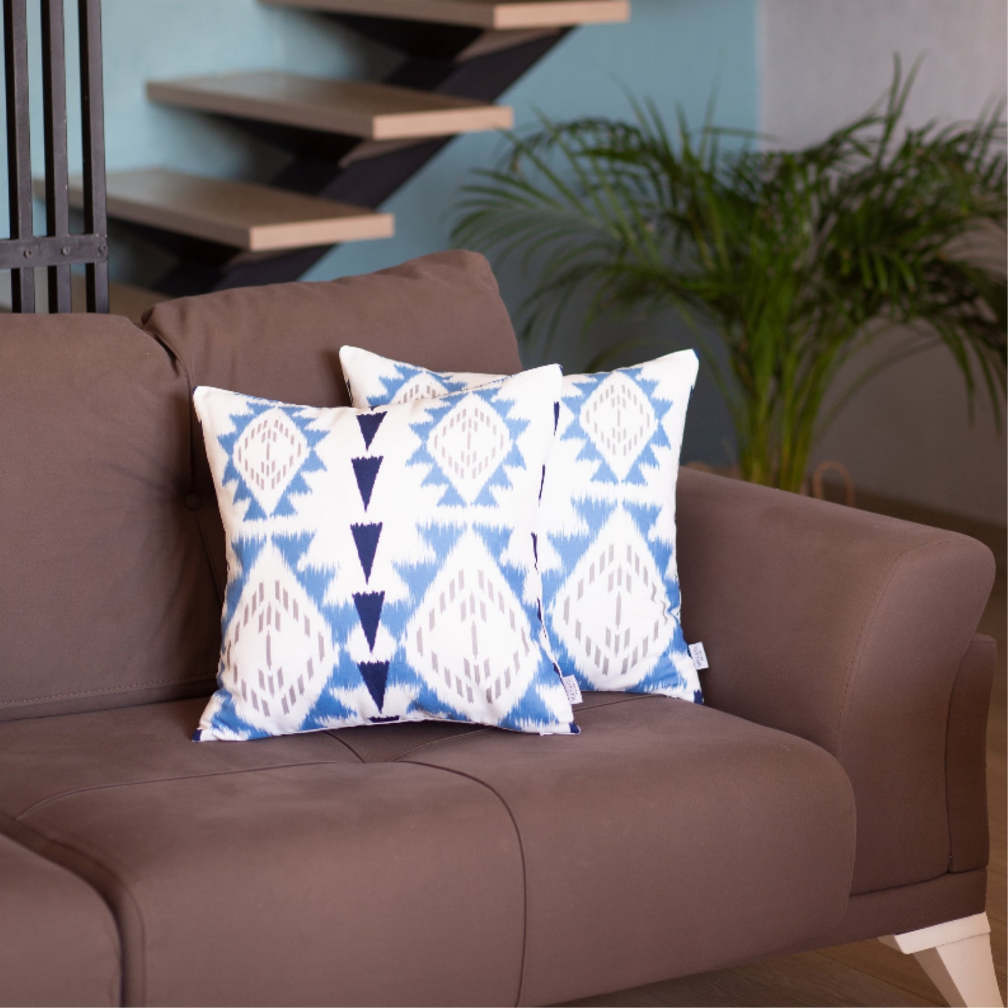 Blue and White Ikat Polyester Square Pillow Covers