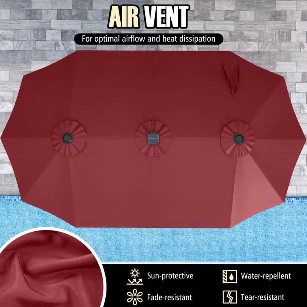 Demifill 15.5 FT Extra-Large Patio Umbrella, Shade with LED Solar Lights and Crank Handle for Outdoor, Red