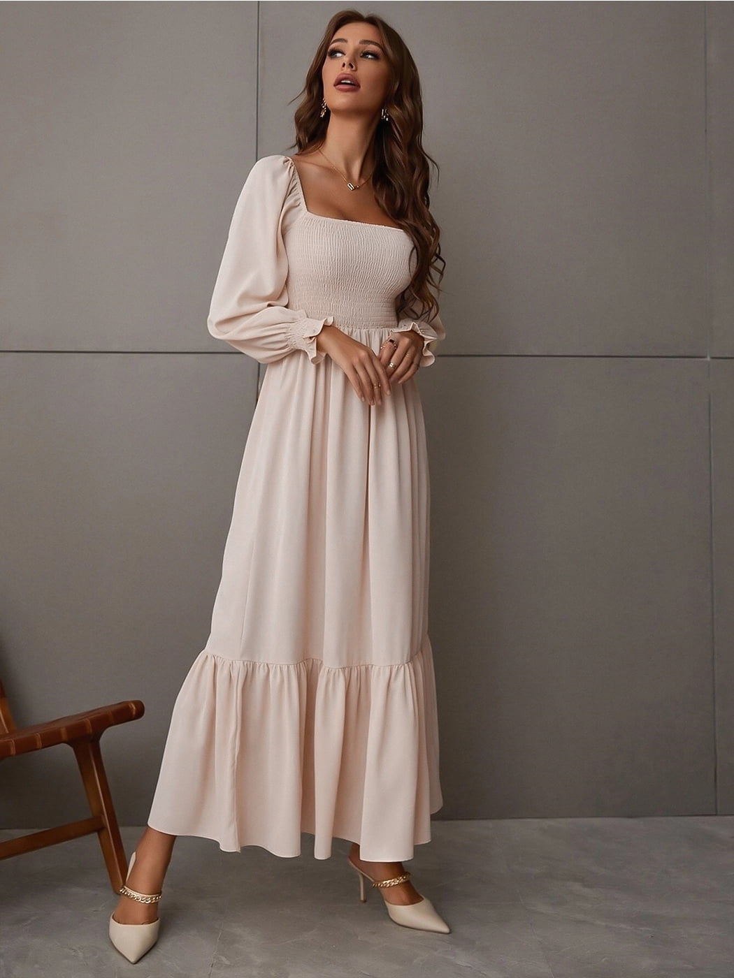 beige frill sleeve maxi dress Lace Ruffle Sleeve Maxi Dress in Cream