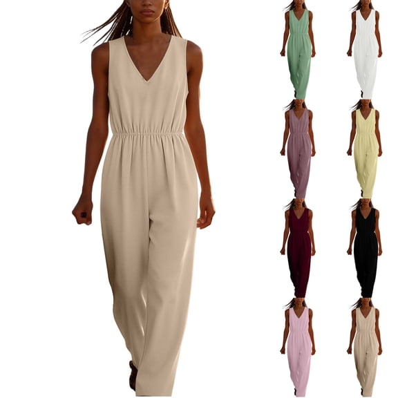 Tqcoqu Womens Jumpsuits and Rompers Casual Sleeveless V Neck Wide Leg Jumper Romper Beach Vacation Clothes Summer One Piece Outfits,Black,Women's S-XXL
