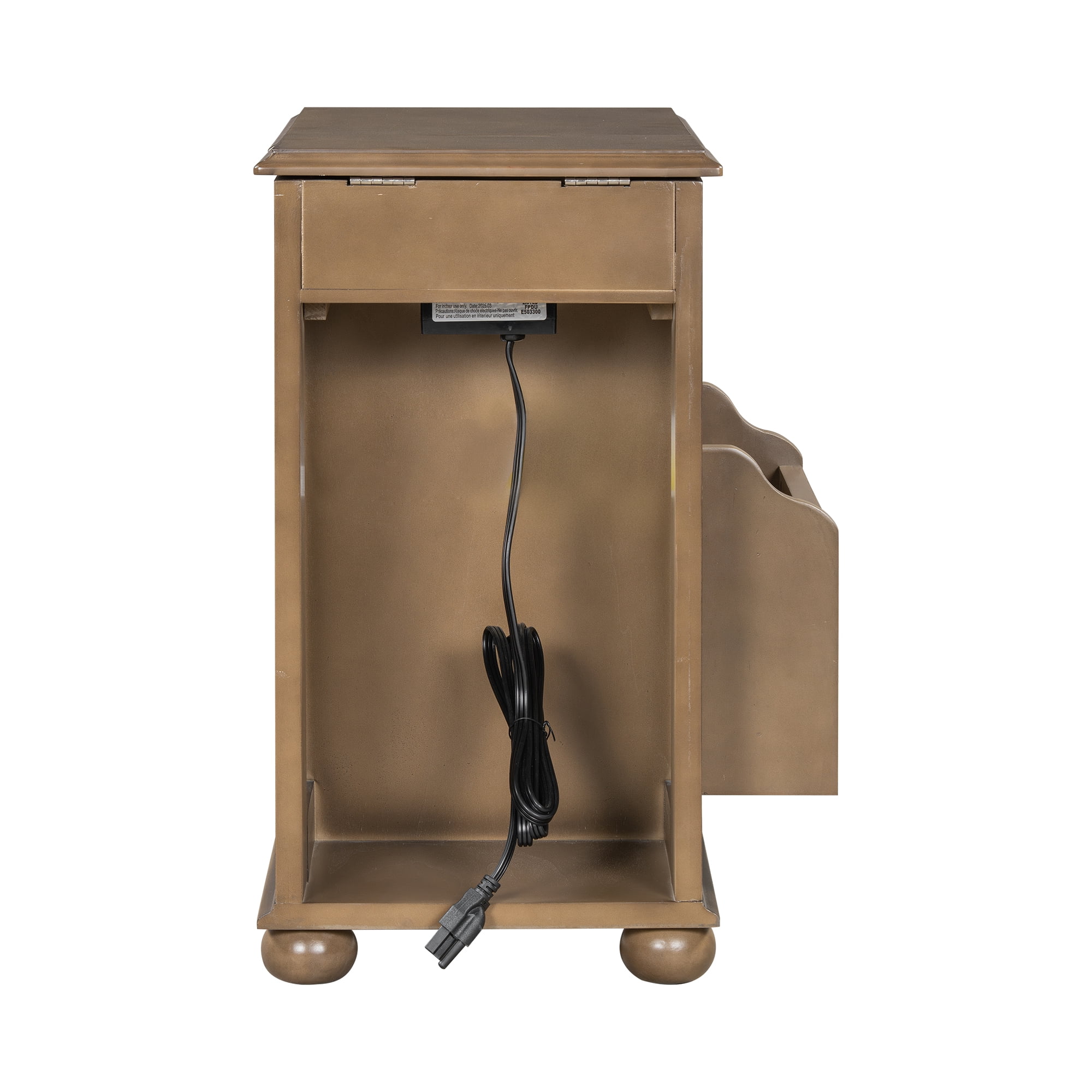 Aukfa Flip Top End Table with USB Ports, Power Outlets, Drawer, and Cup Holders - Compact Side Table with Bookshelf for Living Room, Bedroom, or Small Spaces - Antique Brown