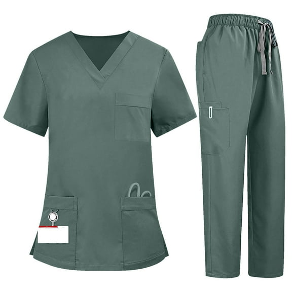 Scrubs for Women Set V-Neck Scrub Uniform Scrub Suit Classic Nurses Workwear with Straight Leg Jogger Pants Green L